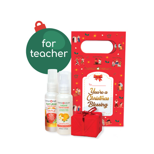 Christmas gift idea for your fave teacher. Natural Hand Soap and Natural Spray Sanitizer to clean hands.