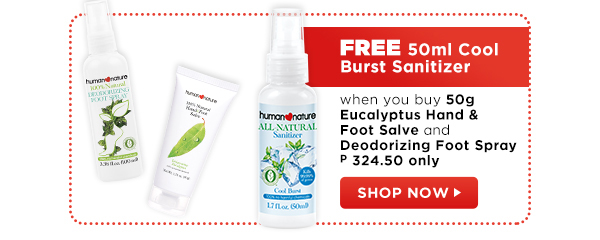 FREE Cool Burst All-Natural Sanitizer when you buy Invigorating Eucalyptus Hand & Foot Salve 50g and Deodorizing Foot Spray