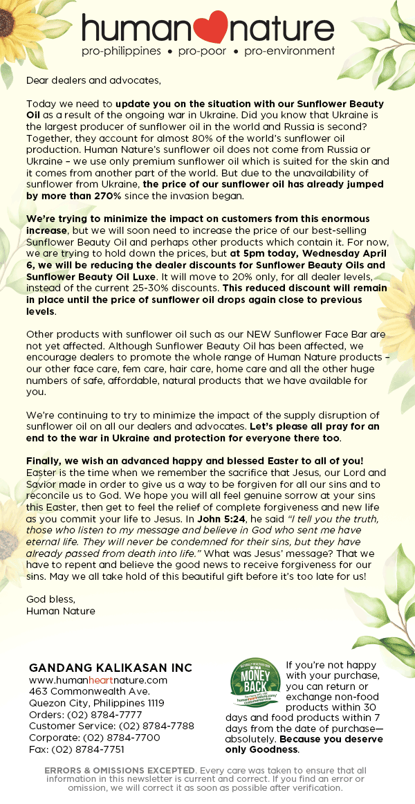 Update on the situation with our Sunflower Beauty Oil