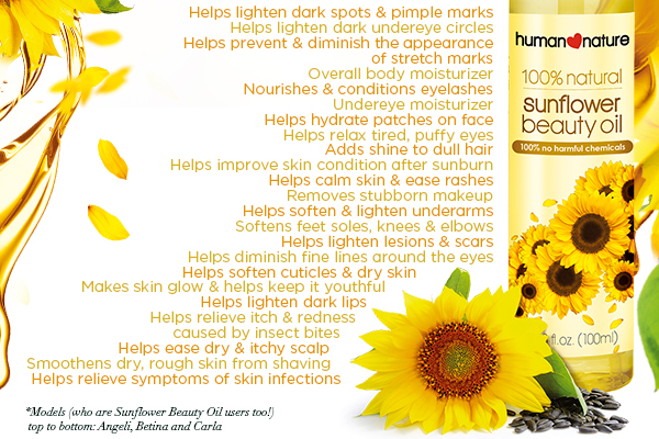 Sunflower Beauty Oil product shot with list of 23 Miracles