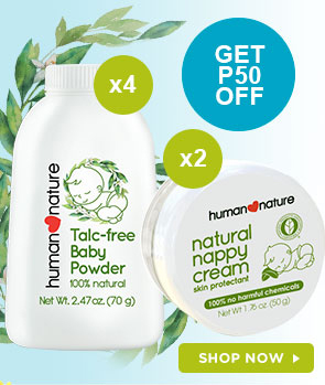 GET P50 OFF when you buy 4 Talc-free Baby Powder and 2 Natural Nappy Cream