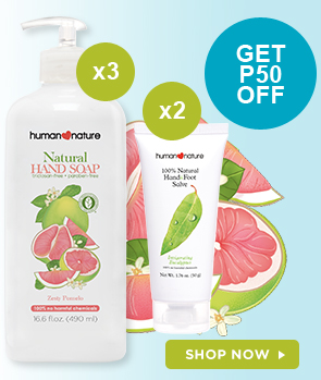 GET P50 OFF when you buy 3 Zesty Pomelo Natural Hand Soap and 2 Invigorating Eucalyptus Hand & Foot Salve 50g