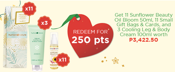 Get 11 Sunflower Beauty Oil Bloom 50ml, 11 Small Gift Bags & Cards, and 3 Cooling Leg Cream worth P3,422.50